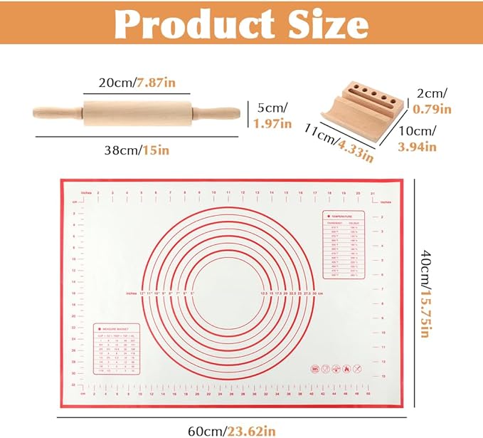 Rolling Pin Set for Baking, 3-Piece Wooden Dough Roller with Silicone Mat and Stand, Kitchen Pastry Baking Accessories for Pie Crust, Cookies, Pizza Dough and Bread