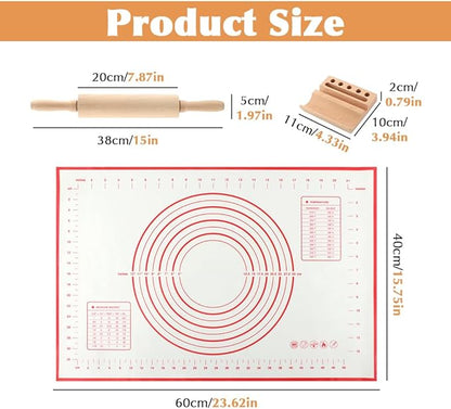 Rolling Pin Set for Baking, 3-Piece Wooden Dough Roller with Silicone Mat and Stand, Kitchen Pastry Baking Accessories for Pie Crust, Cookies, Pizza Dough and Bread