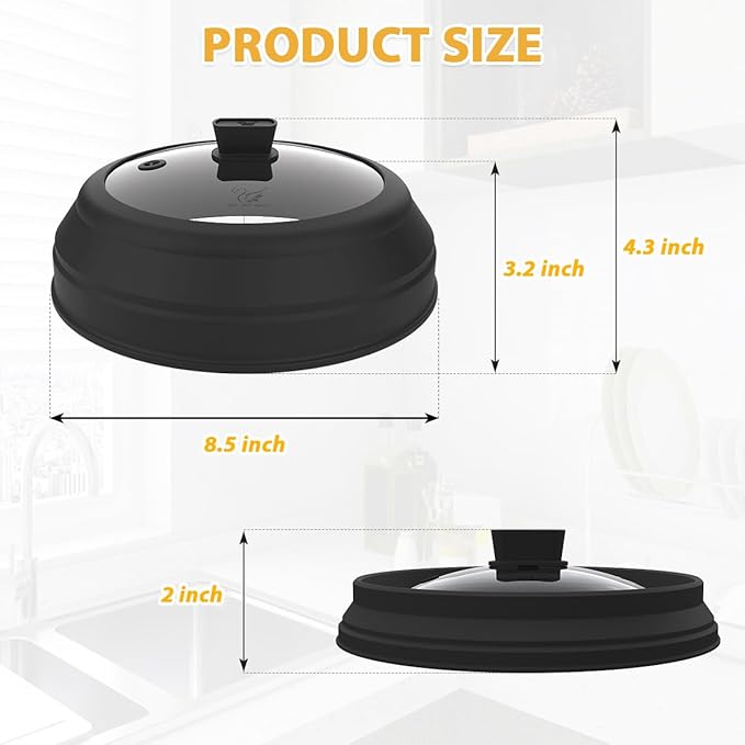 Microwave Splatter Cover Glass Splatter Guard Lid with Collapsible Silicone for Food Plate Covers 8.5 inch Black - Image 3