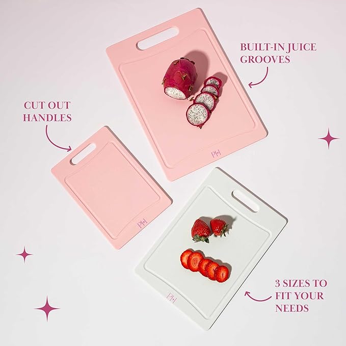 Paris Hilton Cutting Boards, Dual-Sided Cutting Board Set with Built-in Juice Grooves, Easy-Grip Handles, Heavy-Duty Plastic Made without BPA, Dishwasher Safe, 3-Piece Set, Pink and Cream - Image 5