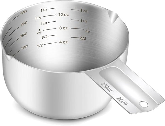 1PCS 2Cup (480ml, 16oz) Single Measuring Cup, Etched Inner Scale Stainless Steel Measure Scoop, Metric and US Measurement, Dishwasher Safe by BERYLER