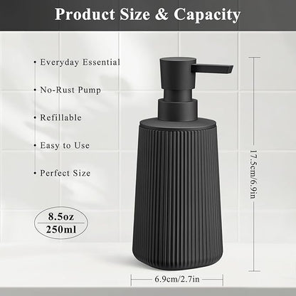 Black 2 Pack Hand Soap Dispensers Set with No Rust Pump for Bathroom and Kitchen Countertops Refillable Matte Striped Plastic 8.5 oz