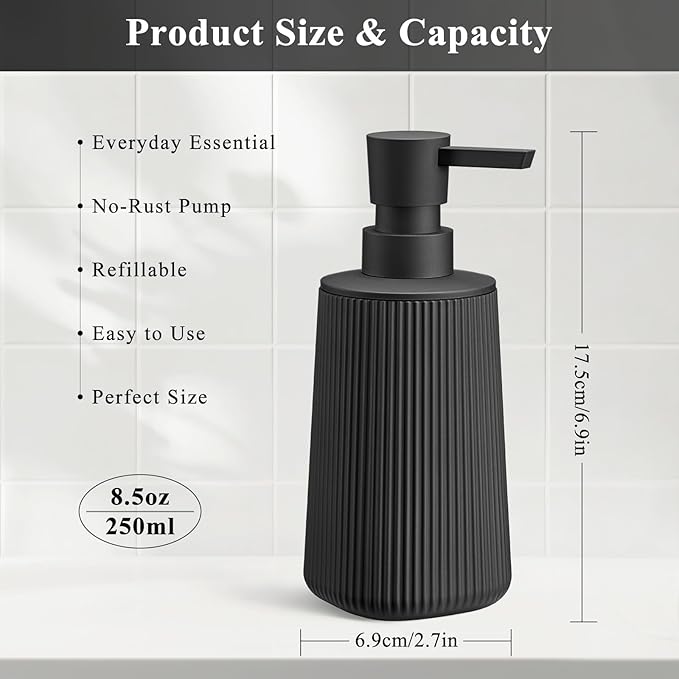 Black Hand Soap Dispenser with No Rust Pump for Bathroom and Kitchen Countertops Refillable Striped Matte Plastic 8.5 oz