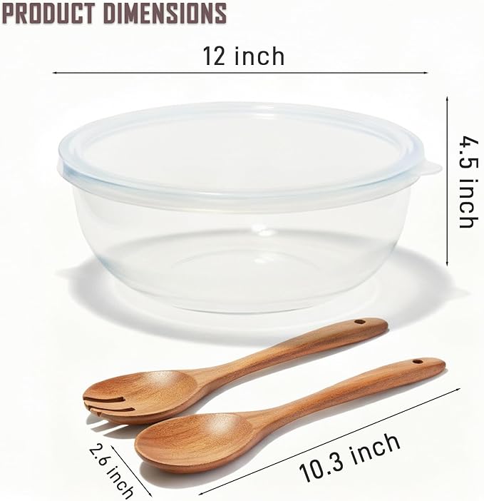 6.2Quart Large Glass Bowls with Lid,Thickened 12Inch Clear Glass Salad Cooking Bowls for Kitchen Salad Bread Storage, For Prepping, Marinating & Mixing Brining Kimch - Image 3