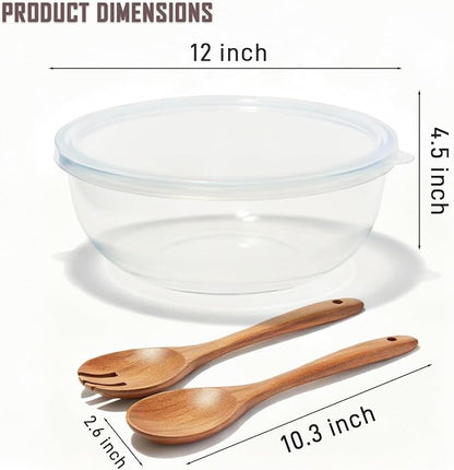 6.2Quart Large Glass Bowls with Lid,Thickened 12Inch Clear Glass Salad Cooking Bowls for Kitchen Salad Bread Storage, For Prepping, Marinating & Mixing Brining Kimch - Image 3