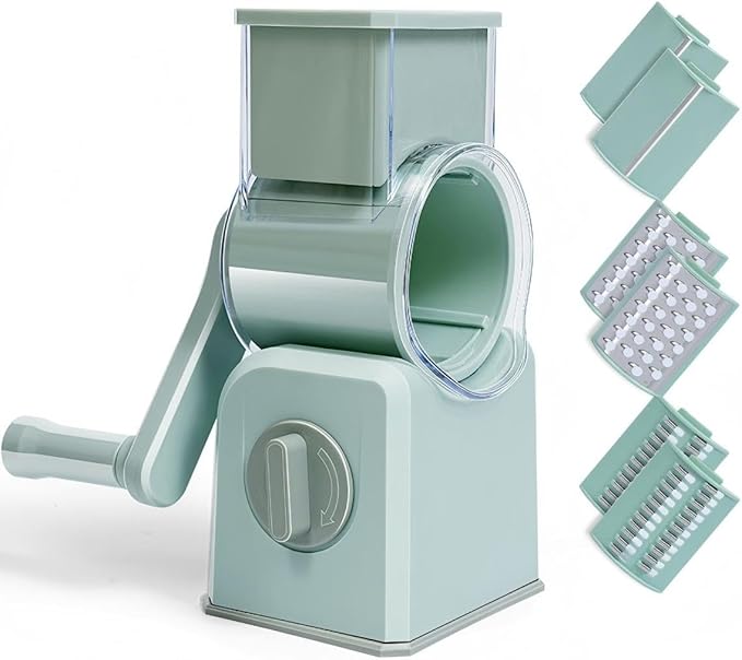 Rotary Cheese Grater with Hand Crank, Multi-Purpose Shredder Slicer with 3 Interchangeable Stainless Steel Blades for Shredding, Slicing, and Grating Cheese, Vegetables, and Fruit (Green) by YWHWLX