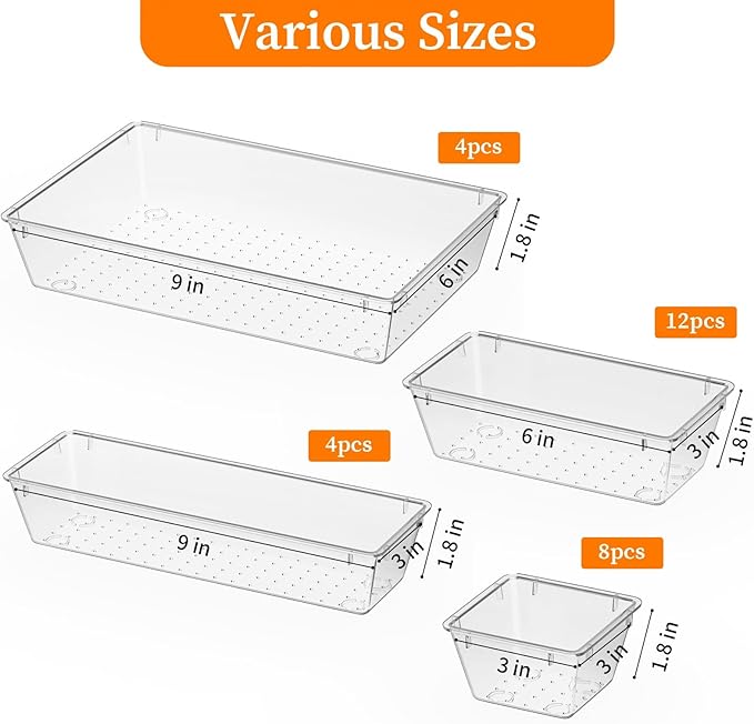 StorMiracle 32 PCS Clear Plastic Drawer Organizer Set, 4-Size vanity organizer Trays and Storage Bins for Makeup, Jewelry and Gadgets in Bedroom, Bathroom and Office, Clear - Image 3