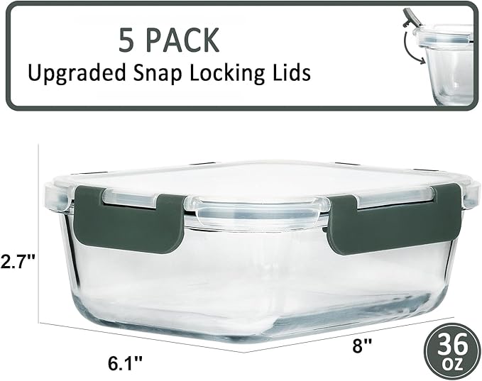 M MCIRCO [5-Packs, 36 Oz Glass Meal Prep Containers with Snap Locking Lids Glass Food Containers,Airtight Lunch Container,Microwave, Oven, Freezer and Dishwasher (4.5 Cup) - Image 2