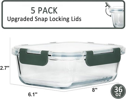 M MCIRCO [5-Packs, 36 Oz Glass Meal Prep Containers with Snap Locking Lids Glass Food Containers,Airtight Lunch Container,Microwave, Oven, Freezer and Dishwasher (4.5 Cup) - Image 2