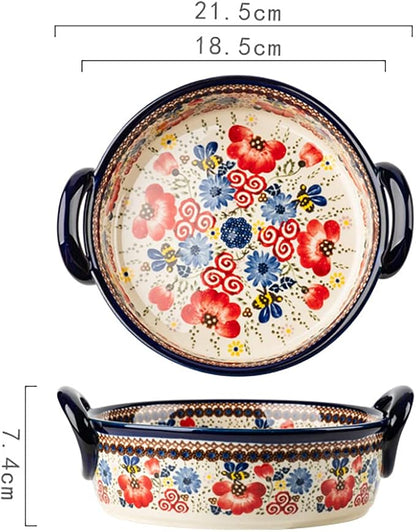 Vintage Flowers Style Ceramic Bakeware Casserole Dish Baking Pan Lasagna Pans Baking Dish with Handles for Oven/Cooking/Kitchen-1 PCS-Red Flowers-32 OZ - Image 2