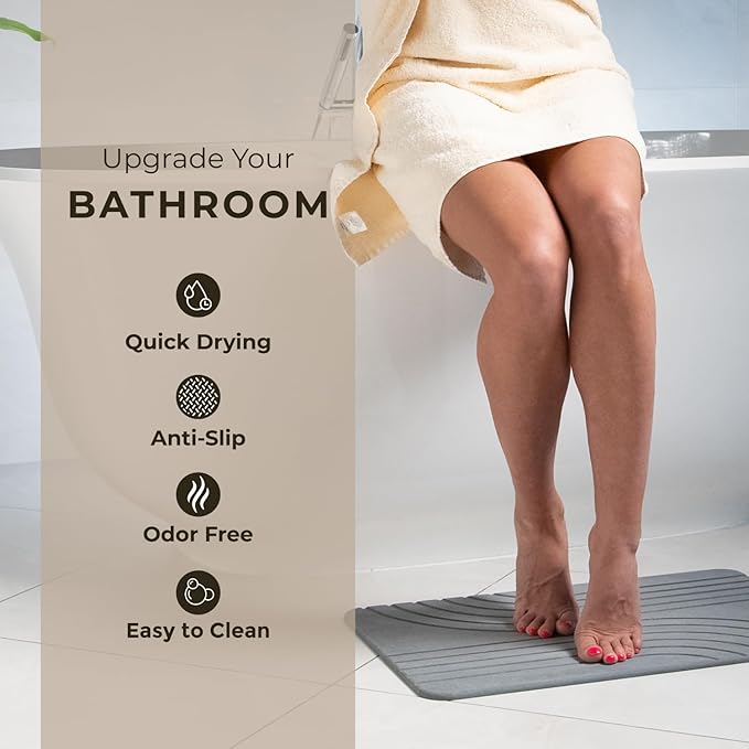 TOSORO - Stone Bath Mat Diatomaceous Earth Shower Mat Non-Slip Super Absorbent Diatomite Stone Bath Mats for Bathroom Floor Quick Drying Natural Easy to Clean (23.5 x 15) - Graphite