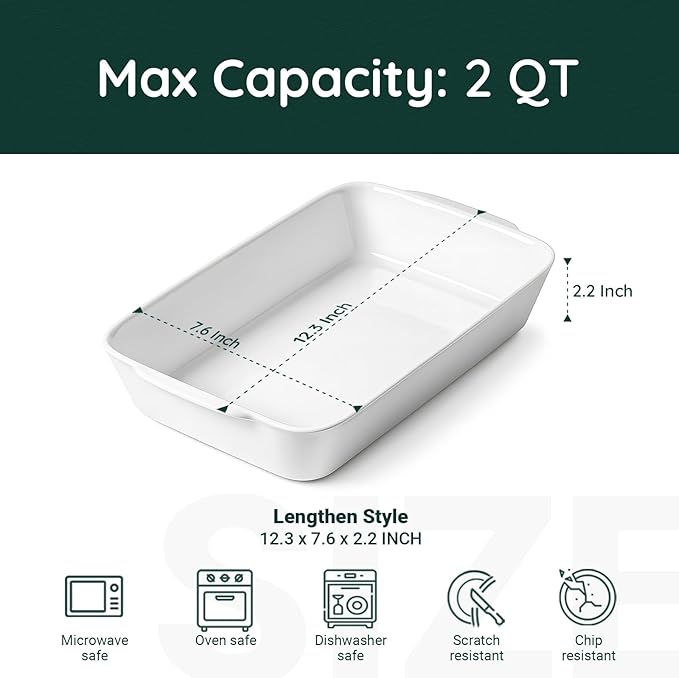 HOMBENE 2 QT Small Ceramic Baking Dish, White Casserole Dish with Roasting Racks, Lasagna Pan for Oven, Ceramic Baking Pan, Kitchen Decor, Microwave Oven Safe, Dinner, Wedding (7.6" x 12.3") - Image 2