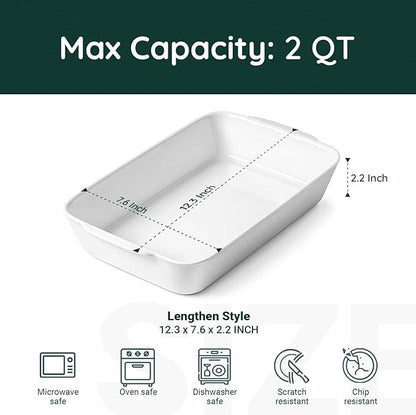 HOMBENE 2 QT Small Ceramic Baking Dish, White Casserole Dish with Roasting Racks, Lasagna Pan for Oven, Ceramic Baking Pan, Kitchen Decor, Microwave Oven Safe, Dinner, Wedding (7.6" x 12.3") - Image 2