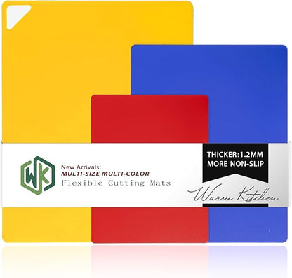 WK Flexible Plastic Cutting Boards for Kitchen Set of 3, Non slip Cutting Mats, Colorful Thin Cutting Sheets for Meat, BPA Free, Dishwasher Safe by WKHome