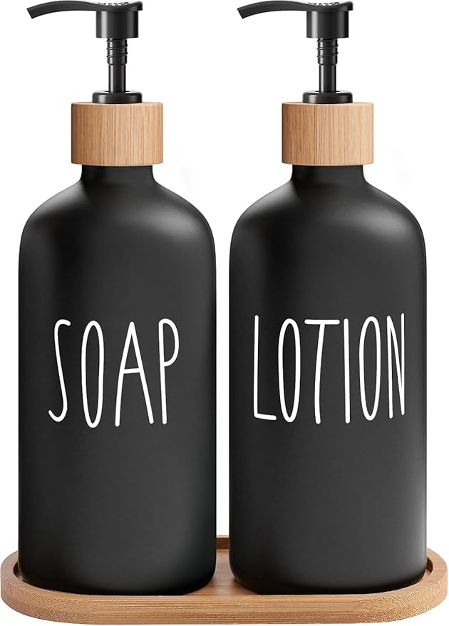 MOMEEMO Black Soap Dispenser Bathroom Set, Hand Soap and Lotion Set Suitable for Bathroom Decor. (Black) by MOMEEMO