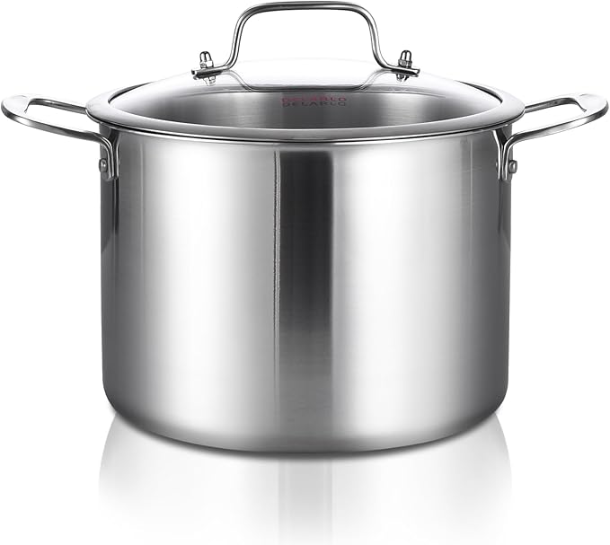 DELARLO Tri-Ply Stainless Steel Soup Pot 12QT, Tri-ply Big Pots for Cooking, 18/10 whole clad Stainless Steel Pot, Fast Even Heat, 12 QT Stock cookware with Lid, Pasta Pot, Induction Ready Up to 600℉ by DELARLOCOOKWARE