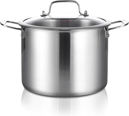 DELARLO Tri-Ply Stainless Steel Soup Pot 12QT, Tri-ply Big Pots for Cooking, 18/10 whole clad Stainless Steel Pot, Fast Even Heat, 12 QT Stock cookware with Lid, Pasta Pot, Induction Ready Up to 600℉ by DELARLOCOOKWARE