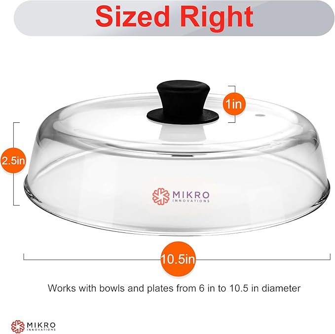 Mikro Innovations 10.5-Inch Glass Microwave Splatter Cover – Borosilicate Glass Food Plate Splatter Guard with Vent Hole, BPA-Free, Easy-Grip Silicone Knob, Dishwasher Safe (1, Black, 10.5in) - Image 3