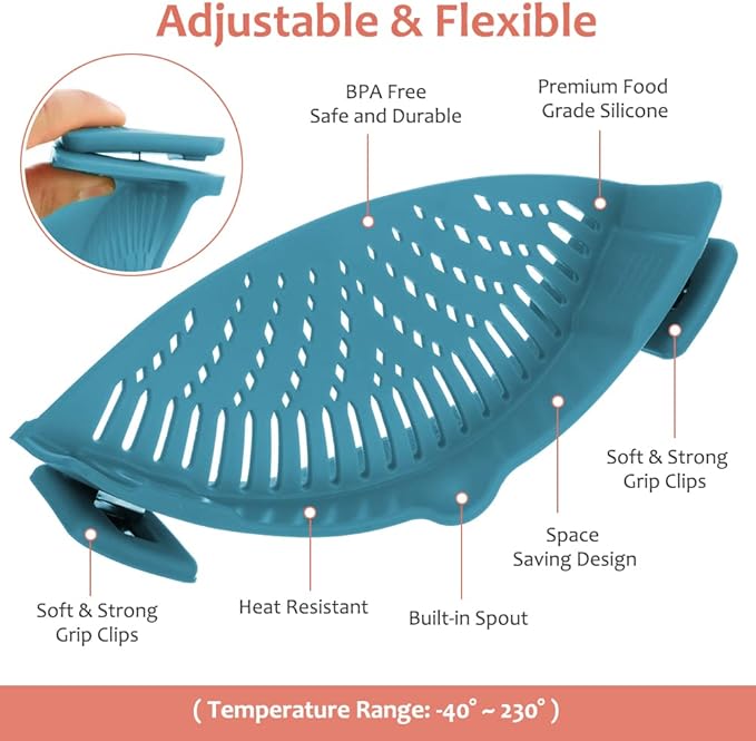 YEVIOR Clip on Strainer for Pots Pan Pasta,Silicone Food Strainer Hands-Free Pan Strainer, Clip-on Kitchen Food Strainer for Spaghetti, Pasta, Ground Beef Fits All Bowls and Pots (Teal) - Image 2