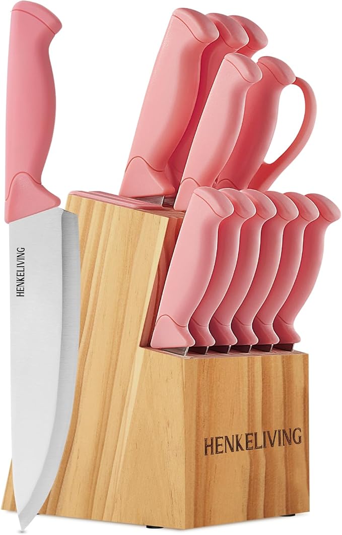 Knife Set, 14-Piece Kitchen Knives Set with Block, Built-in Sharpener, German High Carbon Stainless Steel, Ergonomic Non-Slip Handles, Peach Pink by Unknown
