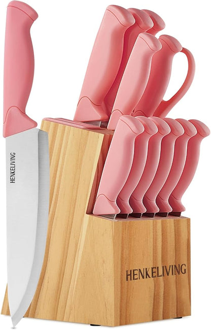 Knife Set, 14-Piece Kitchen Knives Set with Block, Built-in Sharpener, German High Carbon Stainless Steel, Ergonomic Non-Slip Handles, Peach Pink by Unknown