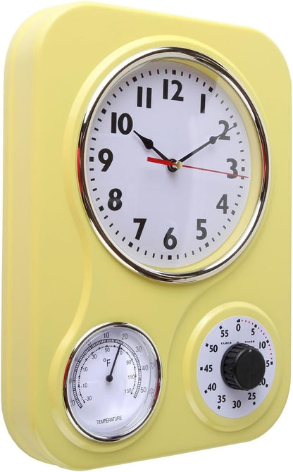 Lily's Home - 9.5 Inch x 12.5 Inch - Retro Kitchen Wall Clock, Vintage Wall Clock with a Thermometer and 60-Minute Timer, Ideal for Any Kitchen, Office, or Diner (Yellow)