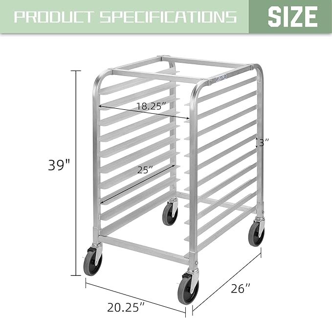 HALLY SINKS & TABLES H Bun Pan Rack 10 Tier with Wheels, Commercial Bakery Racking of Aluminum for Full & Half Sheet - Kitchen, Restaurant, Cafeteria, Pizzeria, Hotel and Home, 26" L x 20" W x 38" H - Image 2
