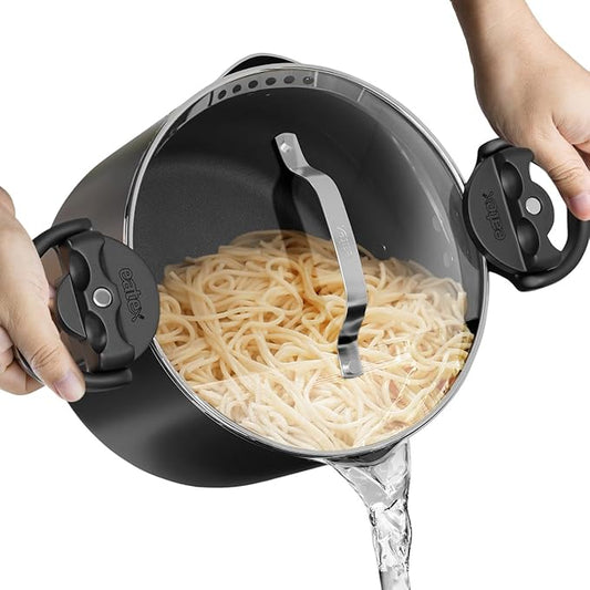 EATEX Pasta Pot with Strainer Lid - 5 Quart Multipurpose Stock Simmer Spaghetti with Strainer - Twist & Lock Handles, Nonstick Ceramic Stainless Steel Tempered Glass Black