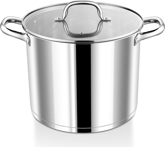 P&P CHEF 10 QT Stock Pot with Lid, Stainless Steel Large Cooking Pot, Soup Canning Stockpot for Stewing Simmering, Tri-ply Bottom for All Stoves, Heavy-Duty &Dishwasher Safe & Food-Grade by PPCHEF