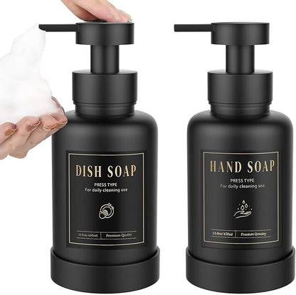 Luxspire Foaming Soap Dispenser, Glass Foam Pump Soap Dispenser, Non-Slip Hand Soap Bottle with 5 Waterproof Labels, 15 Oz Refillable Liquid Soap Bottle for Bathroom & Kitchen, Black, 2 Pack