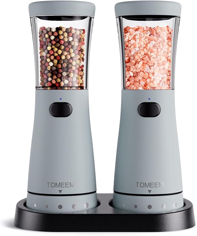 Electric Salt and Pepper Grinder Set with Storage Base, Stainless Steel Rechargeable Salt and Pepper Grinder Set with 4.5 oz Large Capacity, 1.8" Wide Mouth, Adjustable Coarseness, Ideal for Kitchen by Tomeem