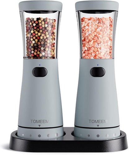 Electric Salt and Pepper Grinder Set with Storage Base, Stainless Steel Rechargeable Salt and Pepper Grinder Set with 4.5 oz Large Capacity, 1.8" Wide Mouth, Adjustable Coarseness, Ideal for Kitchen by Tomeem