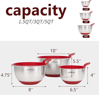 Hillbond Mixing Bowls with BPA Free Airtight Lids Nesting Bowls with Pour Spout, Silicone Handle and Non-Slip Bottoms for Baking, Stainless Steel Mixing Bowls Dishwasher Safe, 1.5, 3, 5 QT(Red)