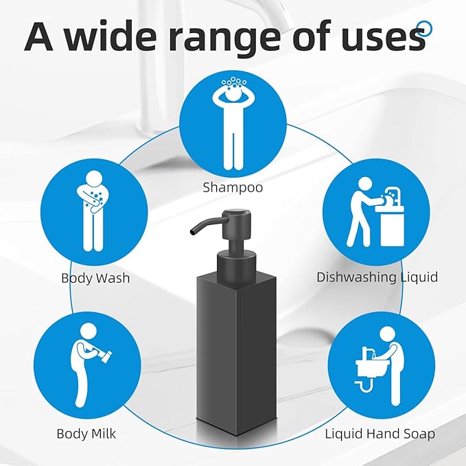 Black Soap Dispenser, Matte Black Stainless Steel, Rust-Proof Liquid Hand Dish Dispenser for Bathroom & Kitchen, 8.5 Oz Refillable Countertop Lotion Bottle (Square) - Image 7