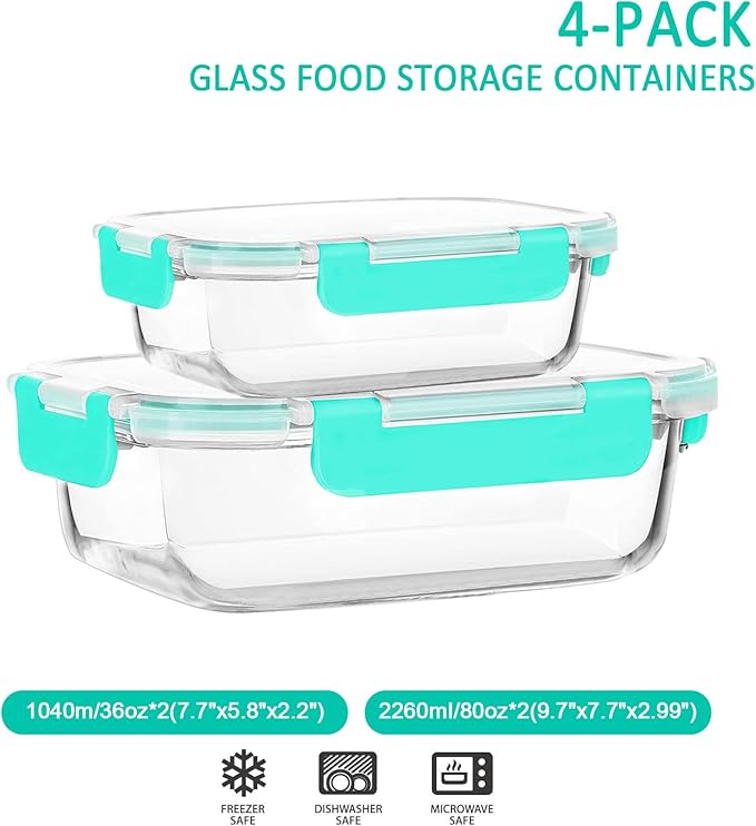 [80 oz & 36 oz]Extra Large Glass Food Storage/Baking Containers Set with Lids, 2 Pack 80 oz(10 cup)&2 Pack 36 oz (4.5 cup)Airtight Glass Container,Microwave,Oven,Freezer and Dishwasher, Green - Image 2