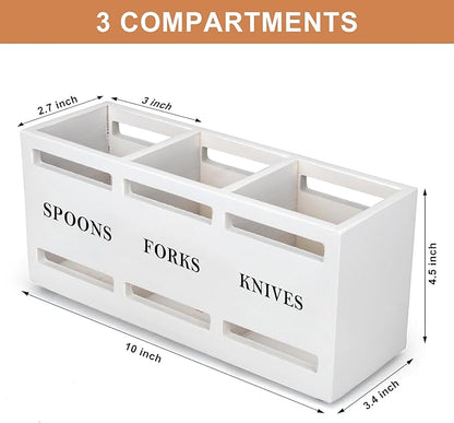 Wooden Silverware Cutlery Holder White Flatware Caddy Small Kitchen Utensil Holders for Party Wood Silverware Organizer Storage for Table Countertop Spoon and Fork Holder Utensils Caddy Basket - Image 7