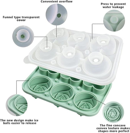 Rose Ice Cube Mold, Heart Shapes Ice Cube Tray, Silicone Ice Mold Fun Shapes with Clear Funnel-type Lid, 3 Heart & 3 Rose Ice Balls for Chilling Whiskey Cocktails Drinks, Pink