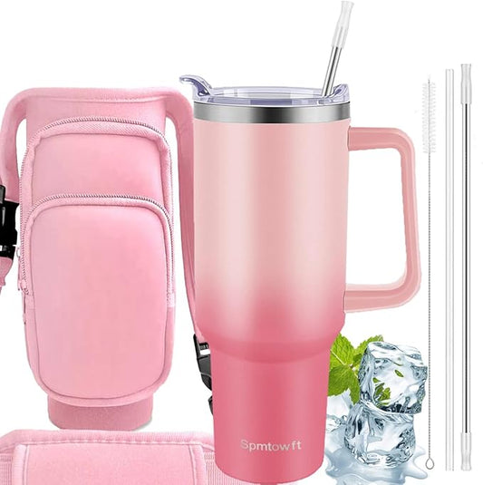 40oz Stainless Steel Double Vacuum Tumbler with Handle, Straw Lid, Carrier Bag, Purse Pouch Phone Pocket, Gym Water Bottle Travel Mug and Sleeve Holder for Men Women (Pink/Rose)
