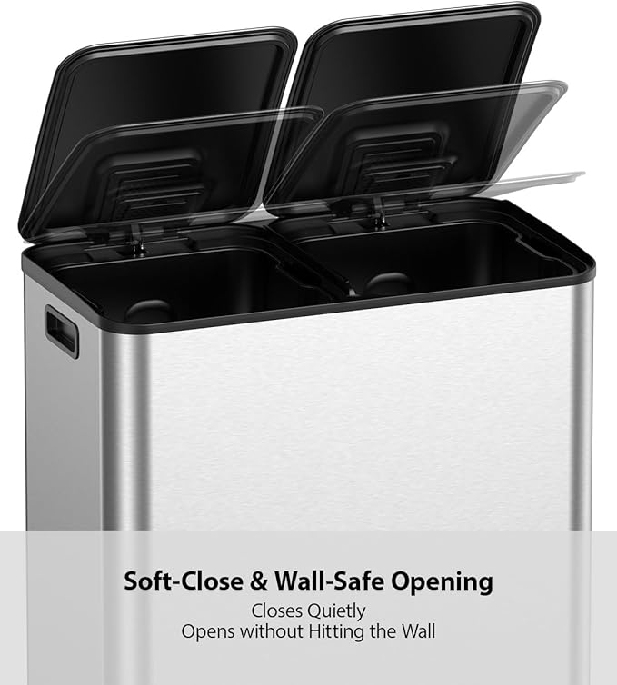 Lovewind Dual Trash and Recycling Bins for Kitchen, 2 * 11-Gallon Stainless Steel Double Trash Can, Step-On Garbage and Recycle Combo, Quiet Close, Pet-Proof, Compatible with 13-Gallon Bags, Silver - Image 5