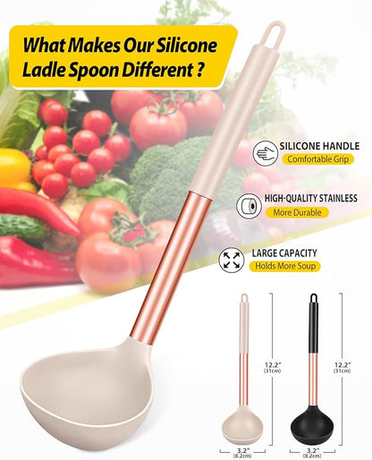 Pack of 2 Ladle Spoon,Silicone Large Spoon for Soup,Non Stick Kitchen Utensils with High Heat Resistant,BPA Free Perfect Kitchen Tools for Cooking, Stirring,Serving Soups (ROSE GOLD BLACK-KHAKI) - Image 2