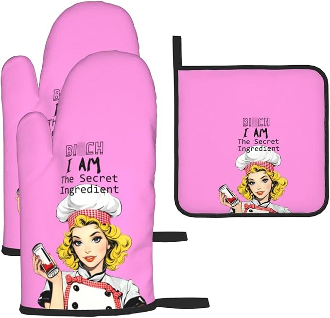Funny Oven Mitts and Pot Holders Sets, Cute Kitchen Oven Mitts Heat Resistant Set of 3, Pink Kitchen Gloves Hot Pads, Funny Baker Gifts for Baking Lovers Women