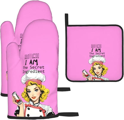 Funny Oven Mitts and Pot Holders Sets, Cute Kitchen Oven Mitts Heat Resistant Set of 3, Pink Kitchen Gloves Hot Pads, Funny Baker Gifts for Baking Lovers Women