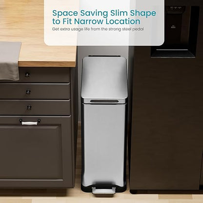 Home Zone Living 12 Gallon Slim Kitchen Trash Can with Soft Close Lid, Step Pedal, Bag Tuck Band, and Removable Liner, Stainless Steel, Silver - Image 2