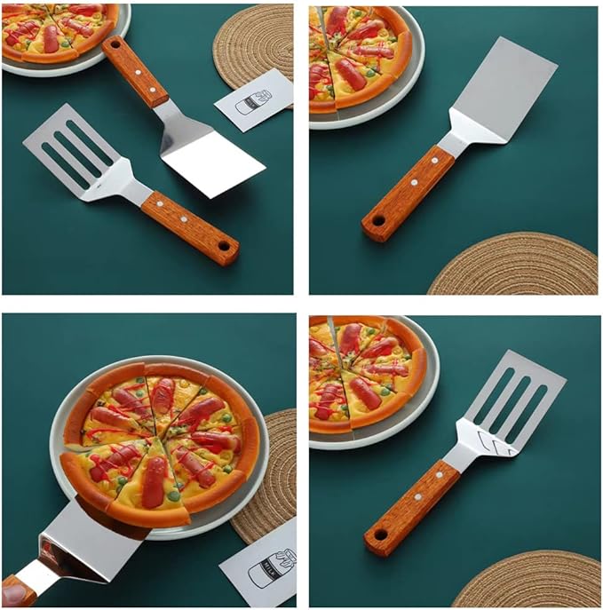 KLAQQED 2 PCS Metal Spatula for Cast Iron Skillet, Stainless Steel Grill Spatula Slotted Turner Fish with Wood Handle Flat Top Griddle for Cooking BBQ