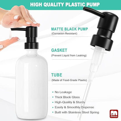 GMISUN Kitchen Soap Dispenser Set, 16 Oz Hand and Dish Soap Dispenser with Ceramic Tray & Bamboo Dish Brush, 2 Pack White Glass Liquid Pump Bottle, Modern Farmhouse Refillable Dish Soap Bottle - Image 7