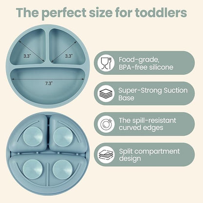 Eascrozn 2 Pack Baby Plates with Suction, 2 Pack Silicone Forks and Spoons Set, Baby Led Weaning Supplies, BPA Free, Toddler Utensils for Feeding Essentials - Image 2