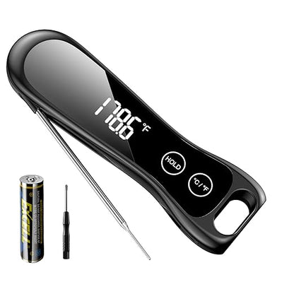Meat Thermometer Digital 1 Second Instant Read Food Thermometer for Cooking Grilling, Candy, Fry, BBQ, Turkey, IP67 Waterproof 180° Folding Probe Large Backlit Display Thermometer