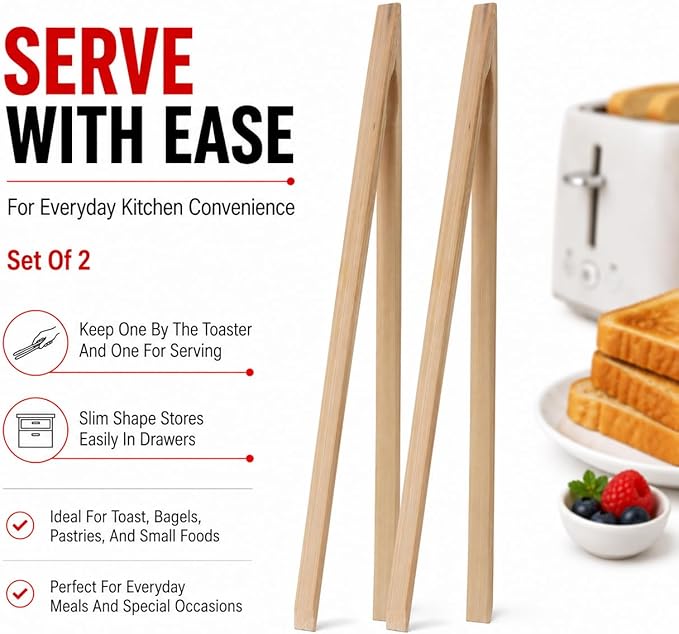 HIC Toast Tongs, Natural Bamboo, 12-Inches, Set of 2