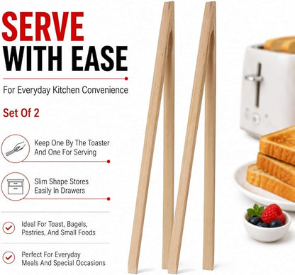 HIC Toast Tongs, Natural Bamboo, 12-Inches, Set of 2