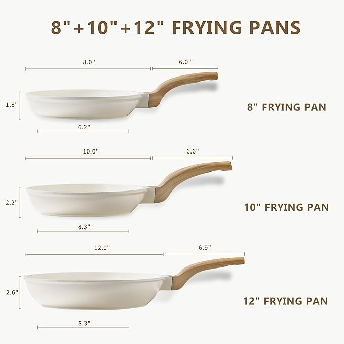 CAROTE Non Stick Frying Pan Skillet Set, Omelet Pan, Healthy Non Toxic Granite Chef Pan, Induction Compatible Egg Frying Pan with Heat-Resistant Handle, PFOA-Free,Cream White,8"+10"+12" - Image 2